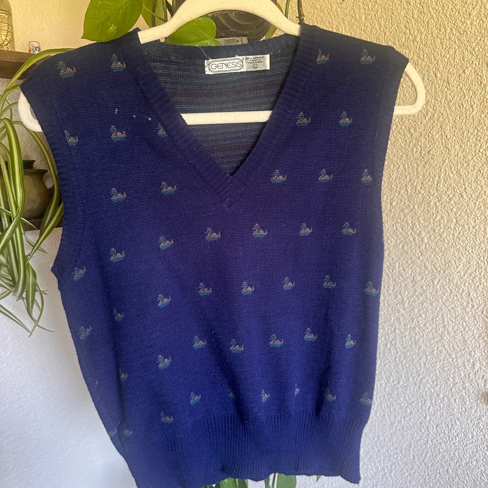 80s Vintage Genesis Women's Navy V-Neck Sweater Vest